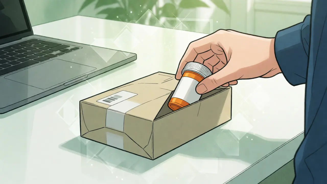 Hand packing prescription bottle into shipping box